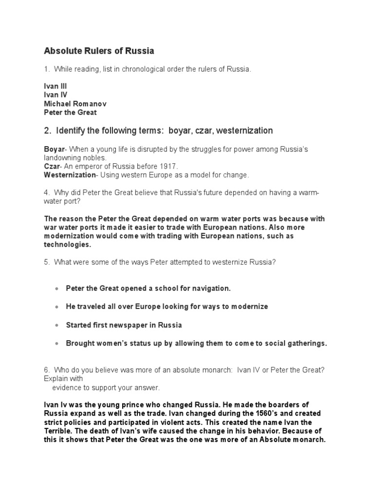 Absolute Rulers of Russia PDF Tsar Absolute Monarchy