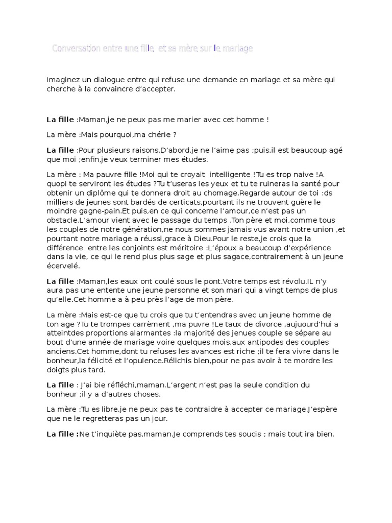 Conversation Entre Une Fille Et Sa Mere Mariage