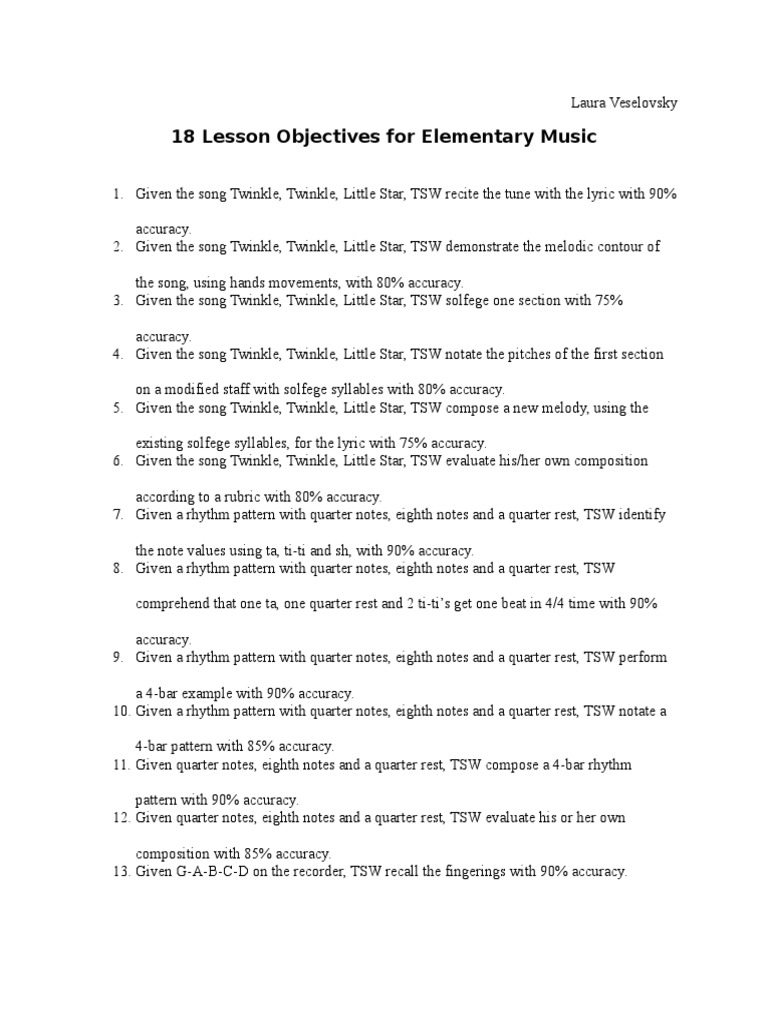 Elementary Music Lesson Objectives | PDF | Art | Poetry