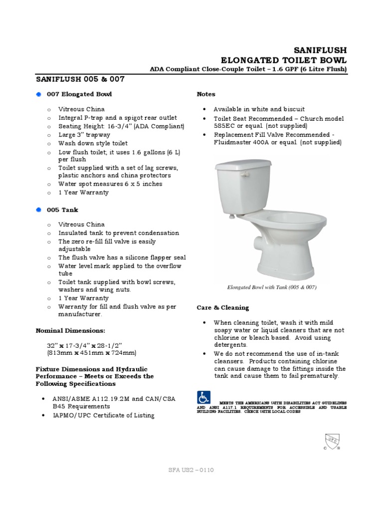 Specifications for Elongated Toilet Bowl Toilet Valve