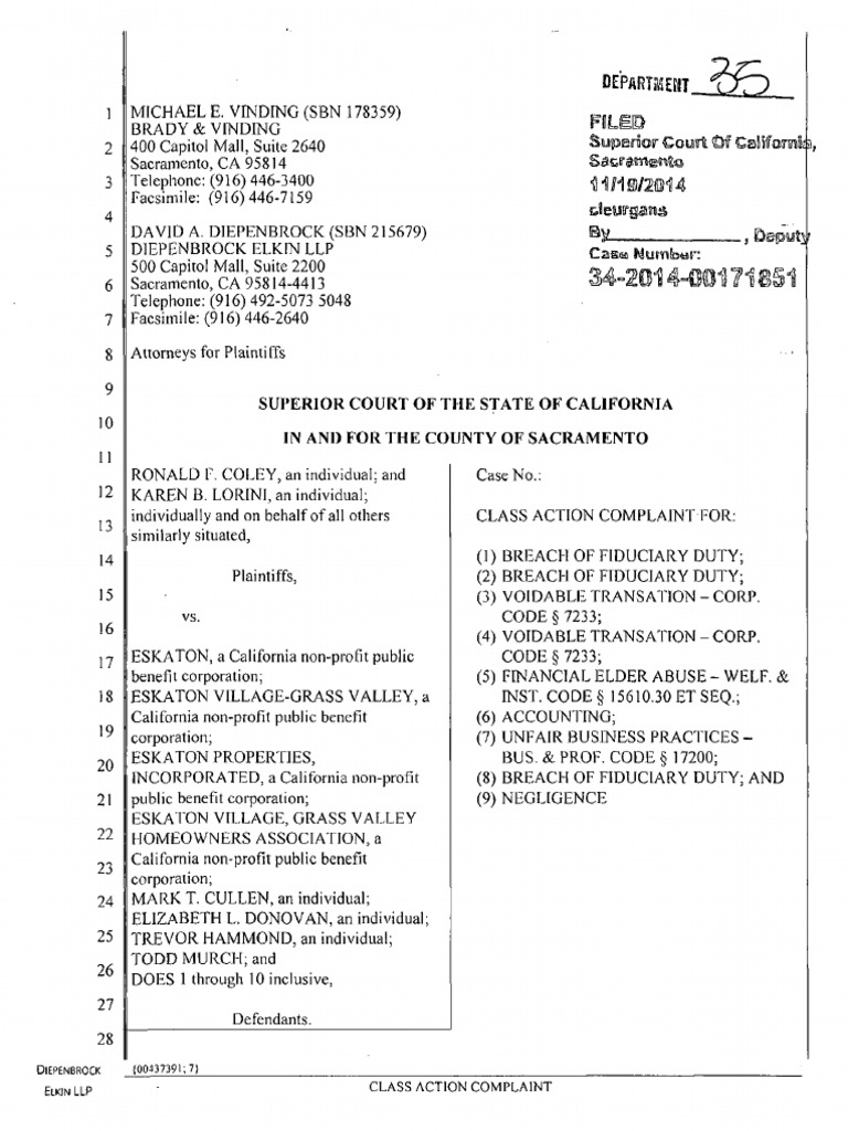 Class Action Complaint Against Eskaton | PDF | Board Of Directors ...