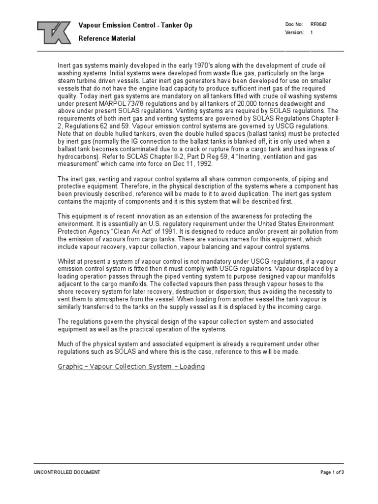 Vapour Emission Control System Oil Tanker Gases