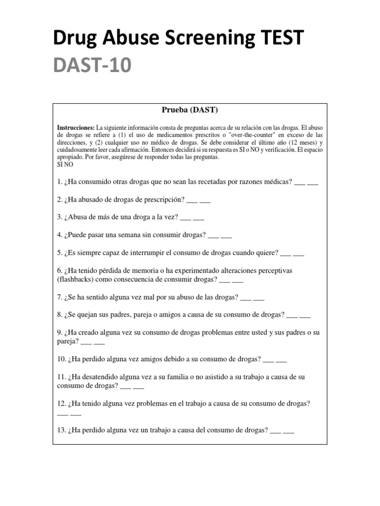 Dast (Test Para Consumo de Drogas) La dependencia de sustancias