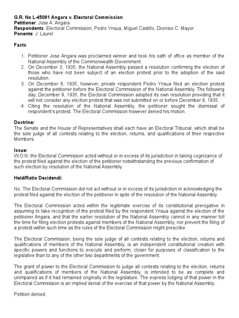 Angara v. Electoral Commission Ruling | PDF | Government Information ...