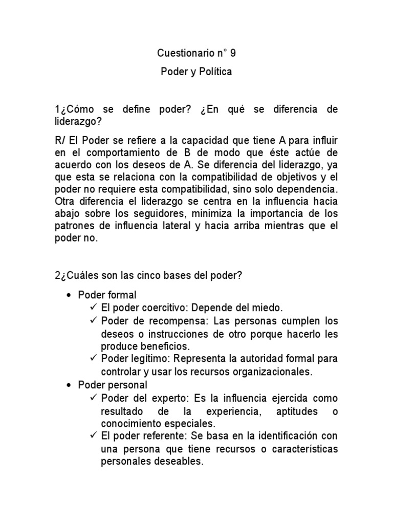 Cuestionario Poder y Política | PDF | Comportamiento | Acoso