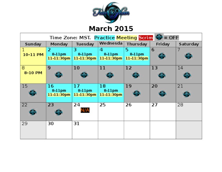 March 2015 Time Zone MST. Practice Meeting Off 2 3 4 5 6 PDF