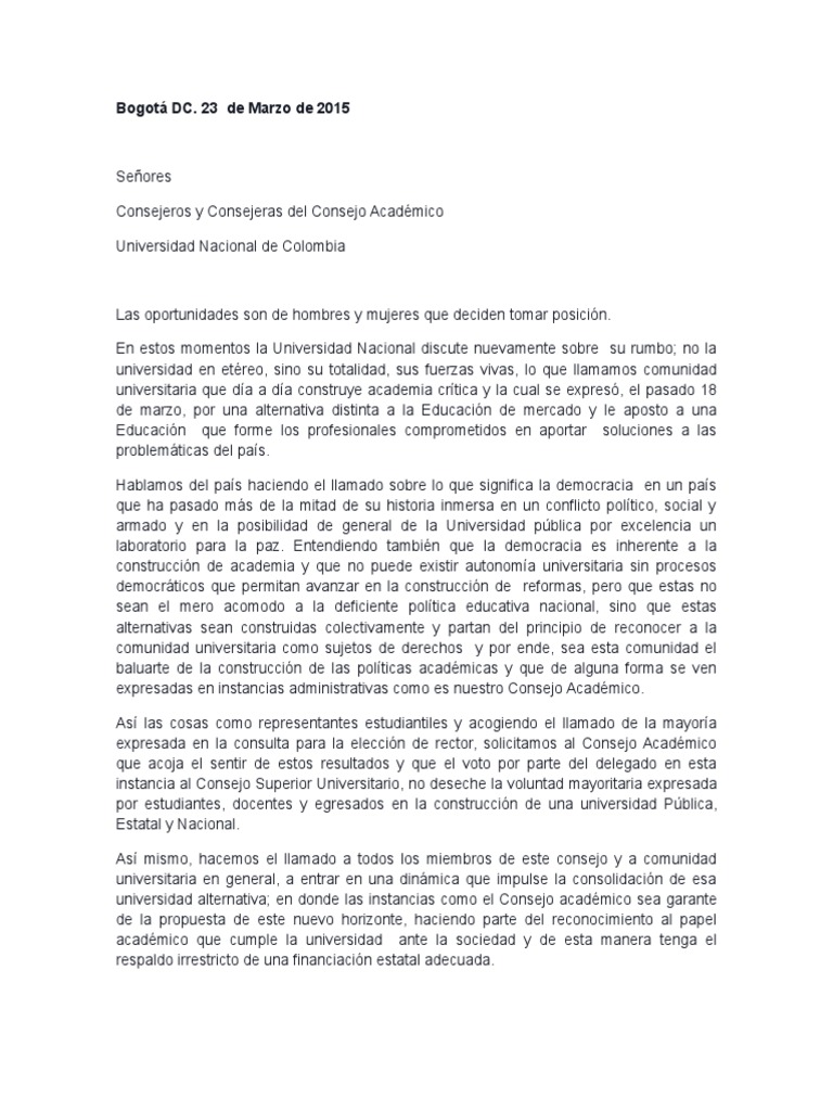 Carta a Los Miembros Del Consejo Academico  Democracia 