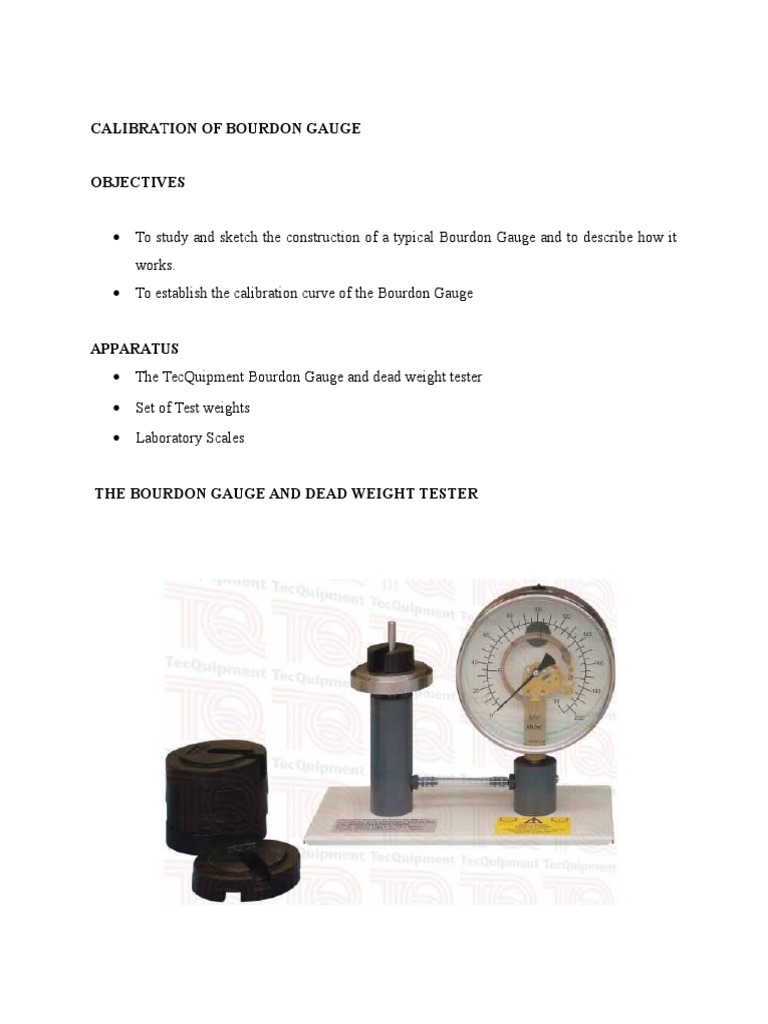 Calibration of Bourdon Gauge PDF Pressure Measurement Calibration