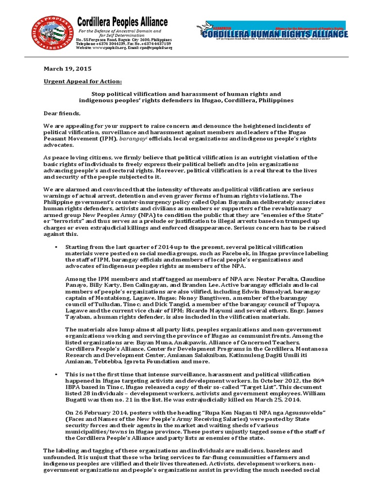 Appeal Against Vilification in Ifugao | PDF