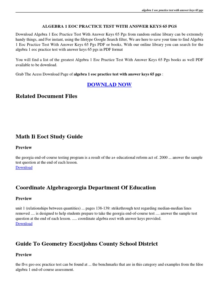 Algebra 1 Eoc Practice Test With Answer Keys 65 Pgs PDF PDF