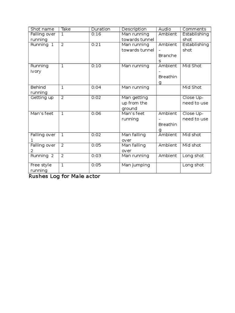 Rushes Log | PDF
