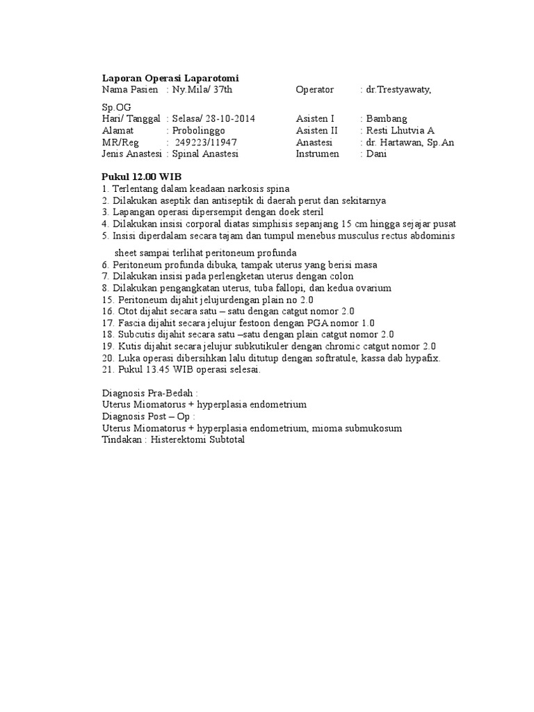 Laporan Operasi Laparotomi Resti Doc