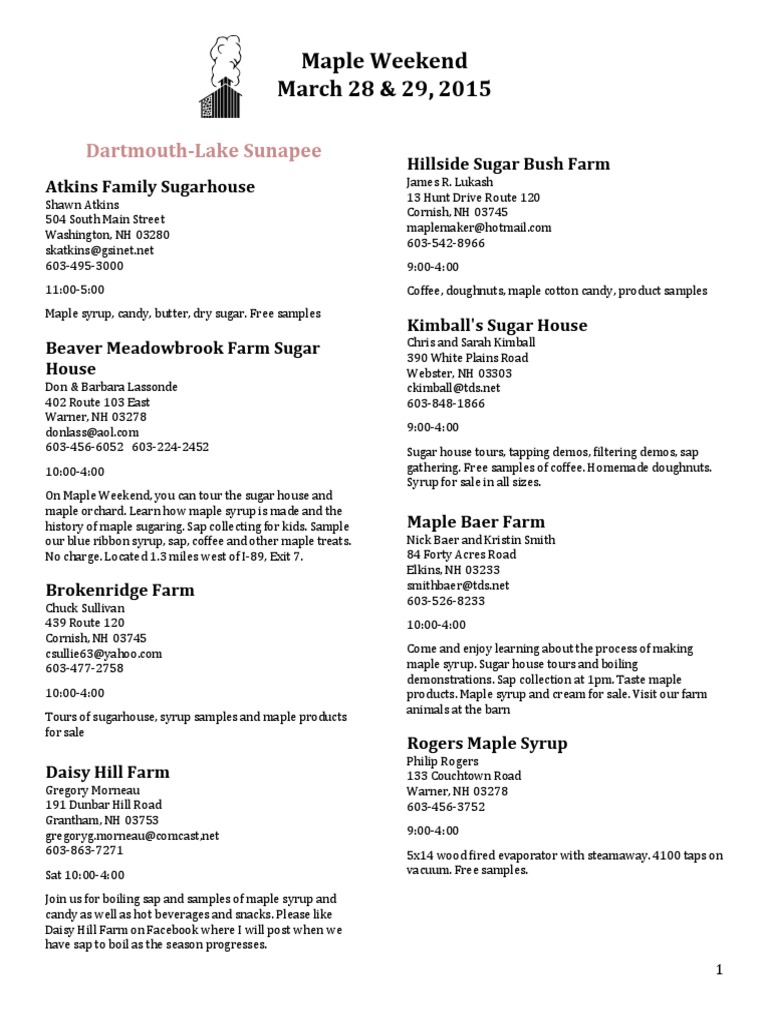 N.H. Sugarhouses: Maple Weekend 2015 | PDF | Maple Syrup | Sugar