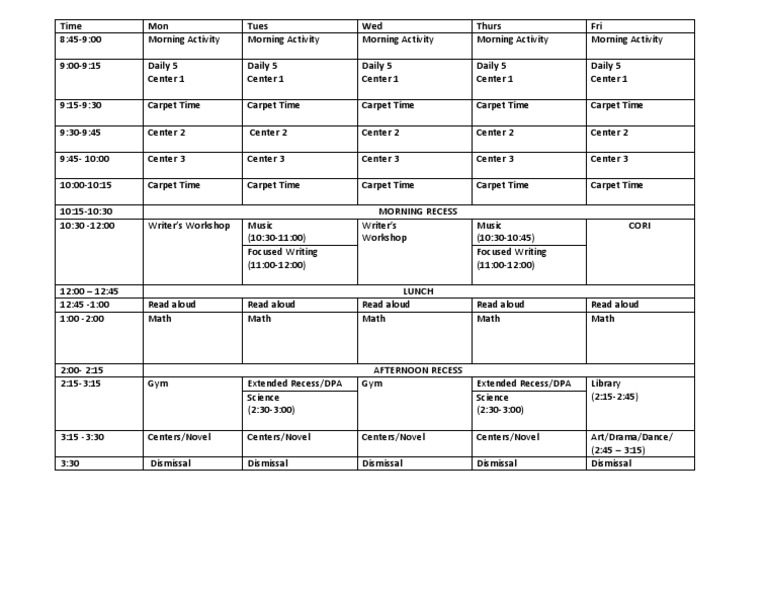 Weekly Classroom Schedule Overview | PDF