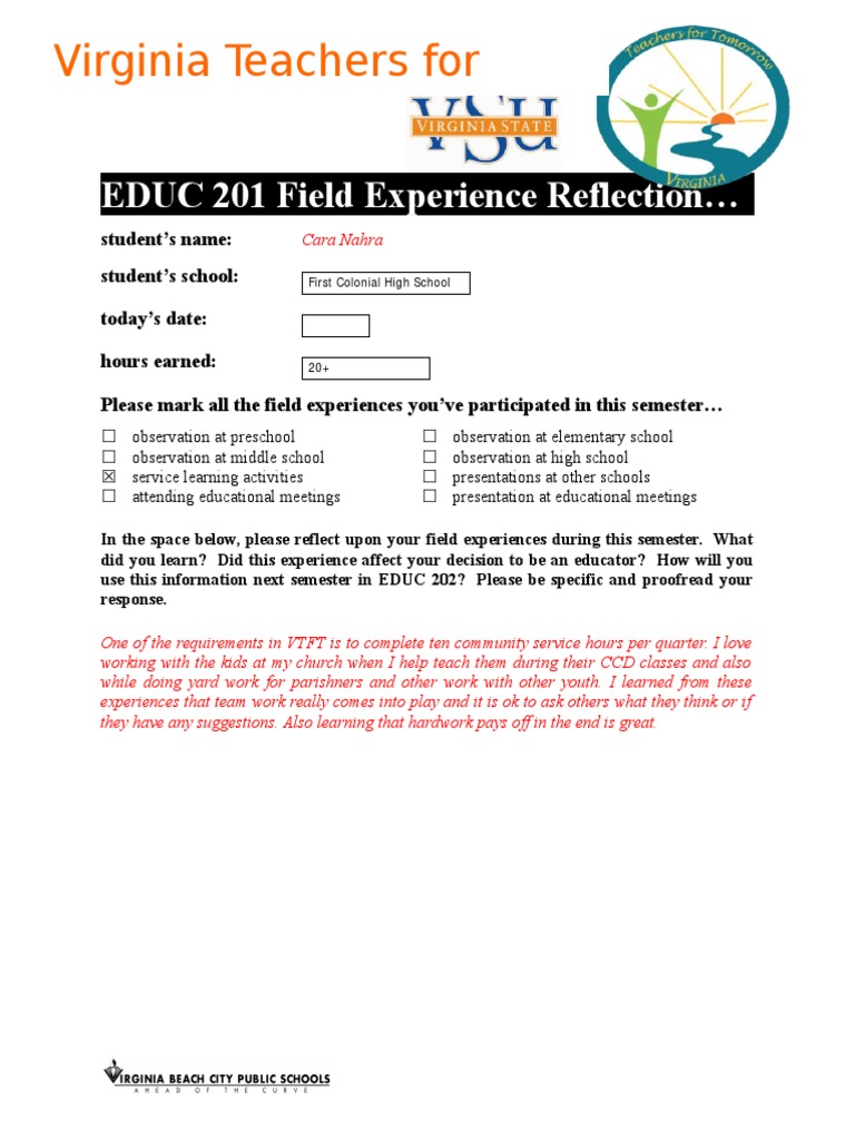 Field Experience Reflection for Educators | PDF | Career & Growth