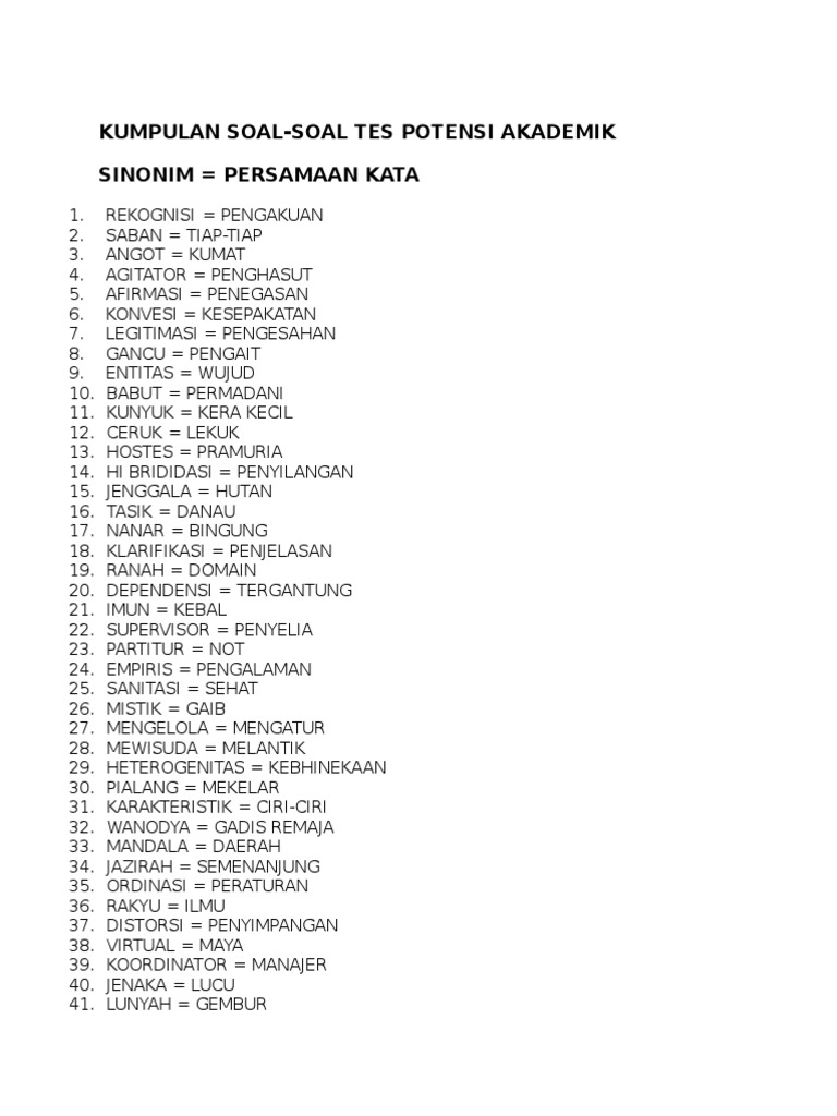 Kumpulan Soal Soal Tes Potensi Akademik Sinonim Persamaan Kata