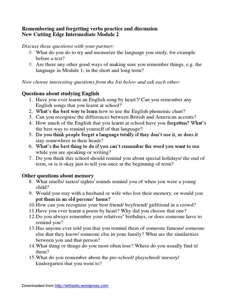 Remembering and Discussion Questions English Language