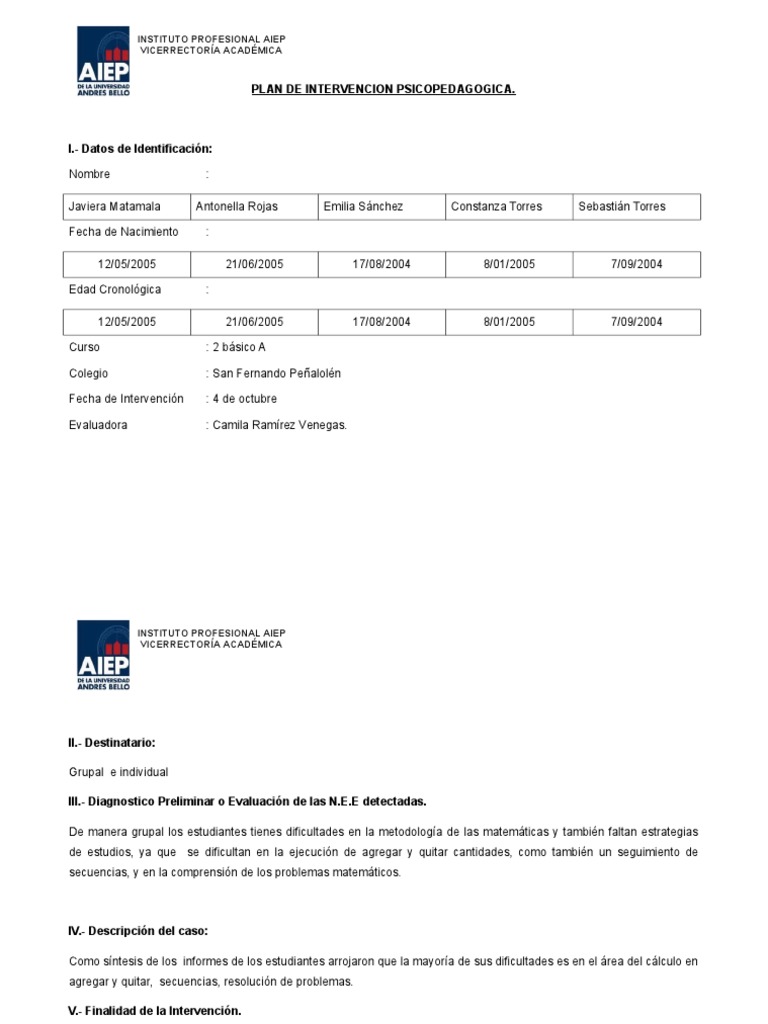Plan de Intervencion Psicopedagogica 2 | PDF