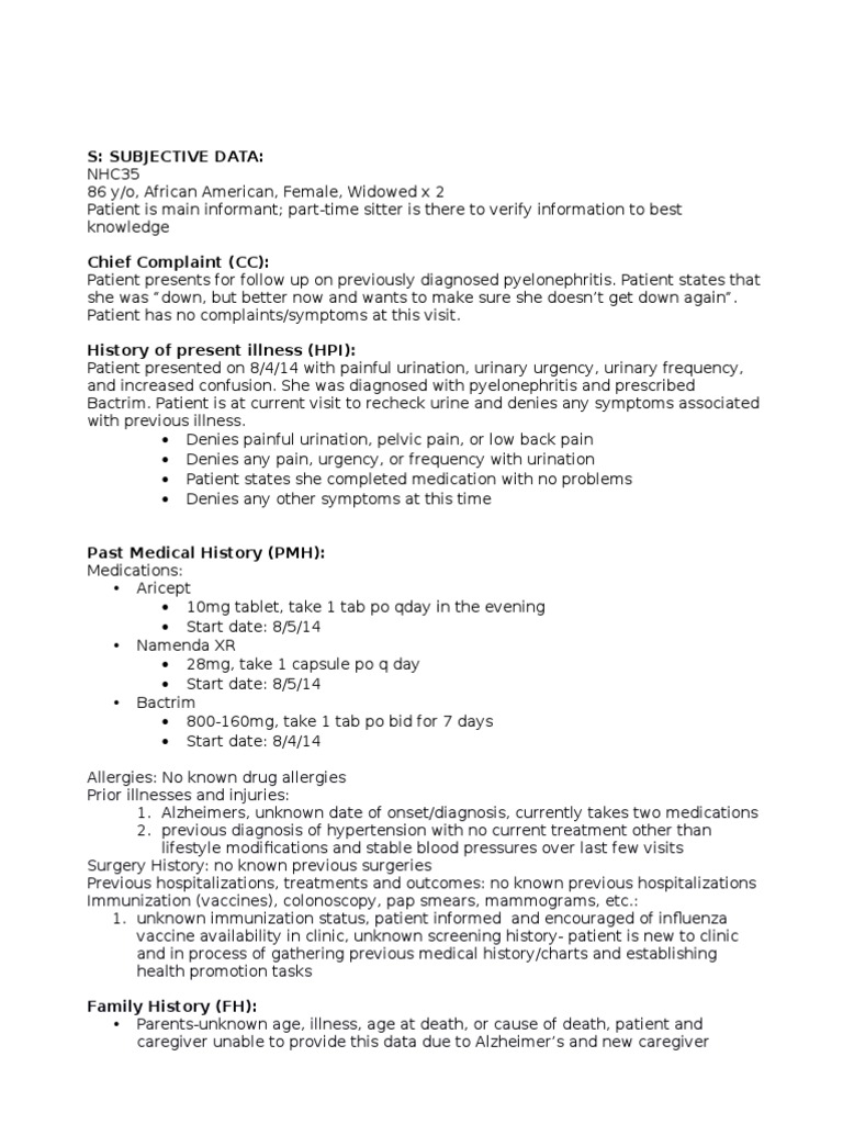 geriatric soap note Urinary Tract Infection Alzheimer's Disease