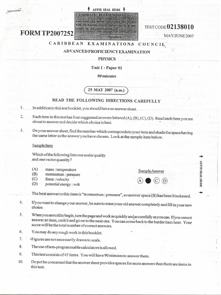 Cape Physics Unit 1 2007 Paper 1 | PDF