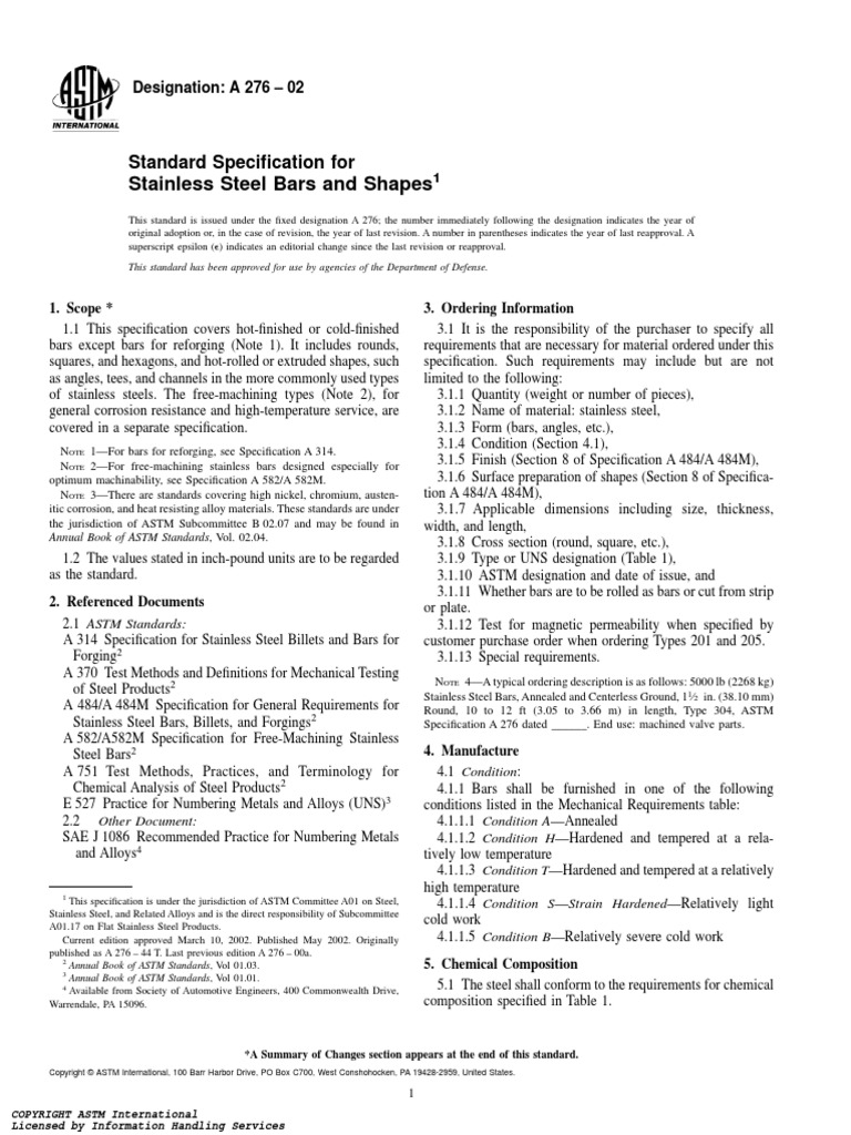ASTM A276 Standard for Stainless Steel Bars | PDF