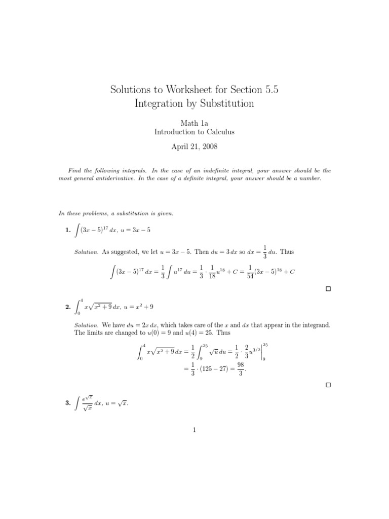 Lesson 29 Integration By Substitution Worksheet Solutions Integral Trigonometric Functions