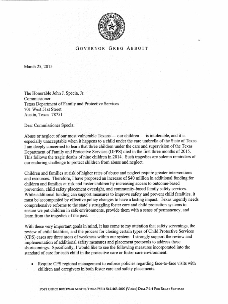 Abbott's letter to DFPS Foster Care Child Protective Services