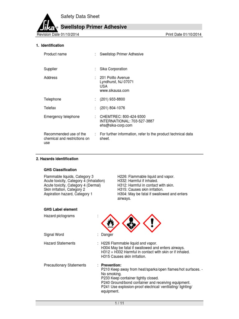 Swellstop Primer Adhesive SDS PDF Packaging And Labeling Toxicity