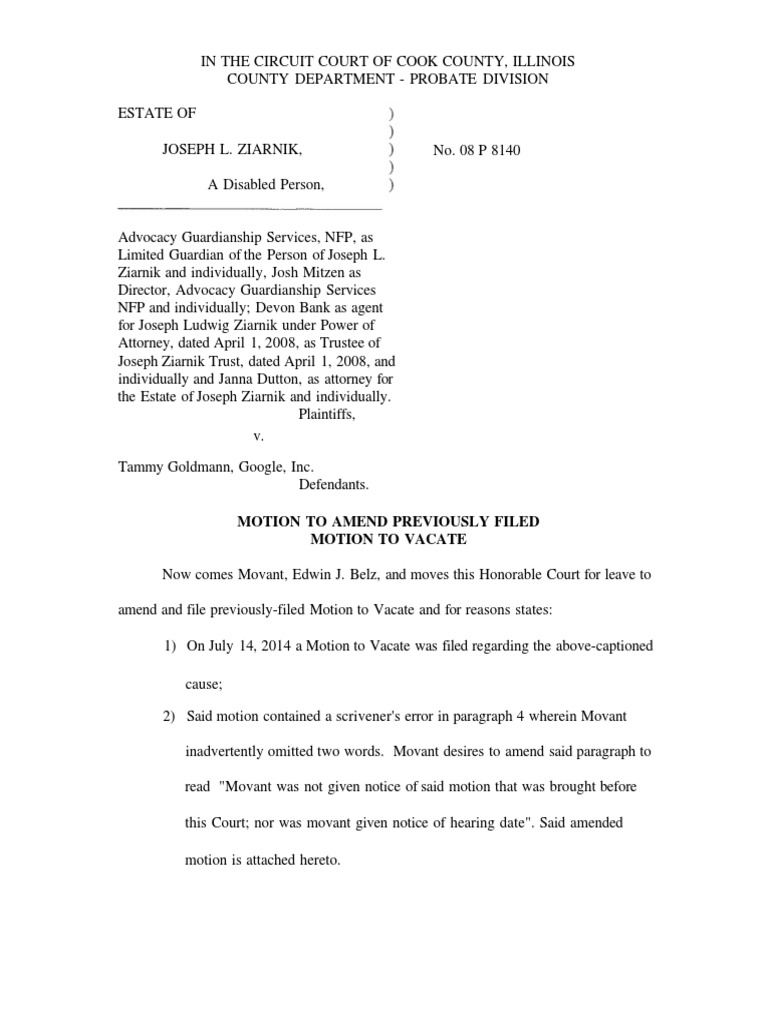 Edwin Belz Amended Motion To Vacate Paying Attorney Fees PDF Legal