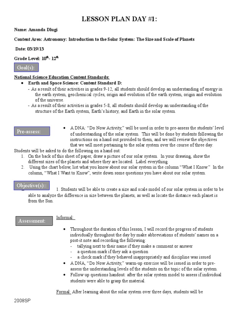 Solar System Lesson Plan for Grades 10-12 | PDF | Lesson Plan | Solar ...