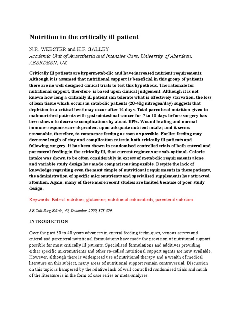 Nutrition in The Critically Ill Patient | PDF | Nutrition | Diet ...