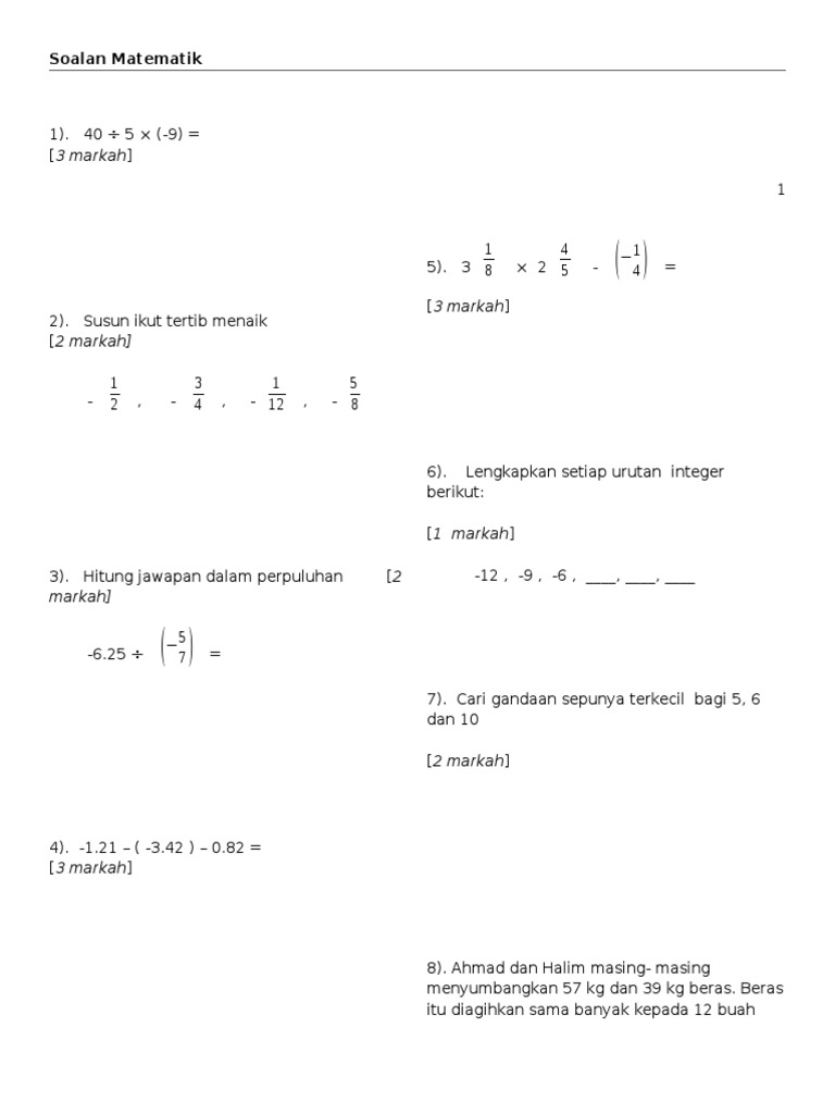 Soalan Matematik Tingkatan 2