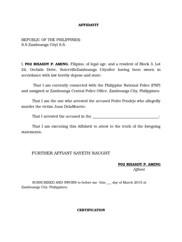 Affidavit of Arresting Officer Affidavit Evidence