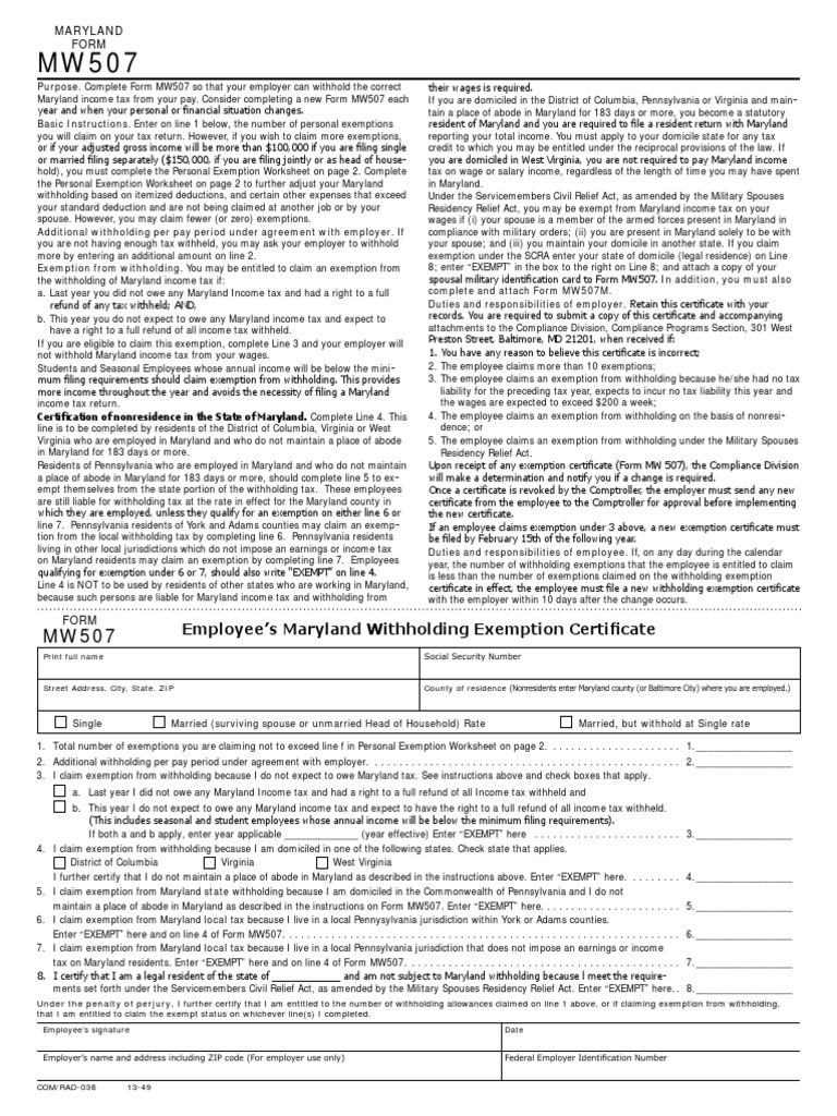 Maryland Tax Exemption | PDF | Personal Exemption (United States) |  Withholding Tax