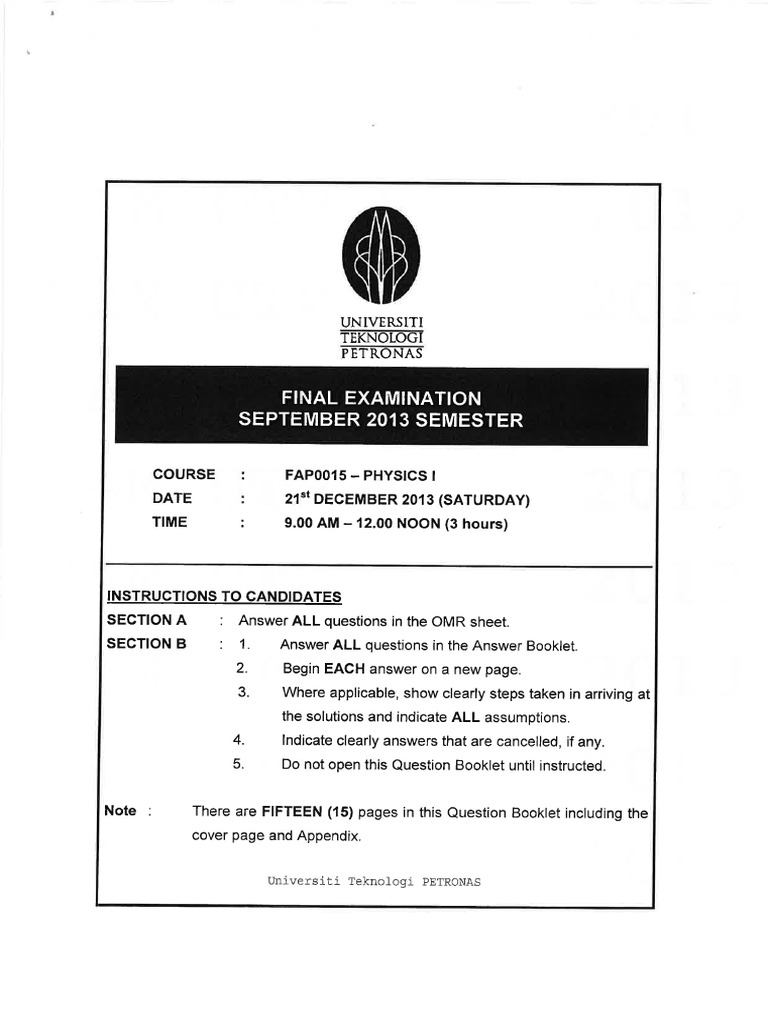 Physics I Final Exam Instructions | PDF | Force | Physics