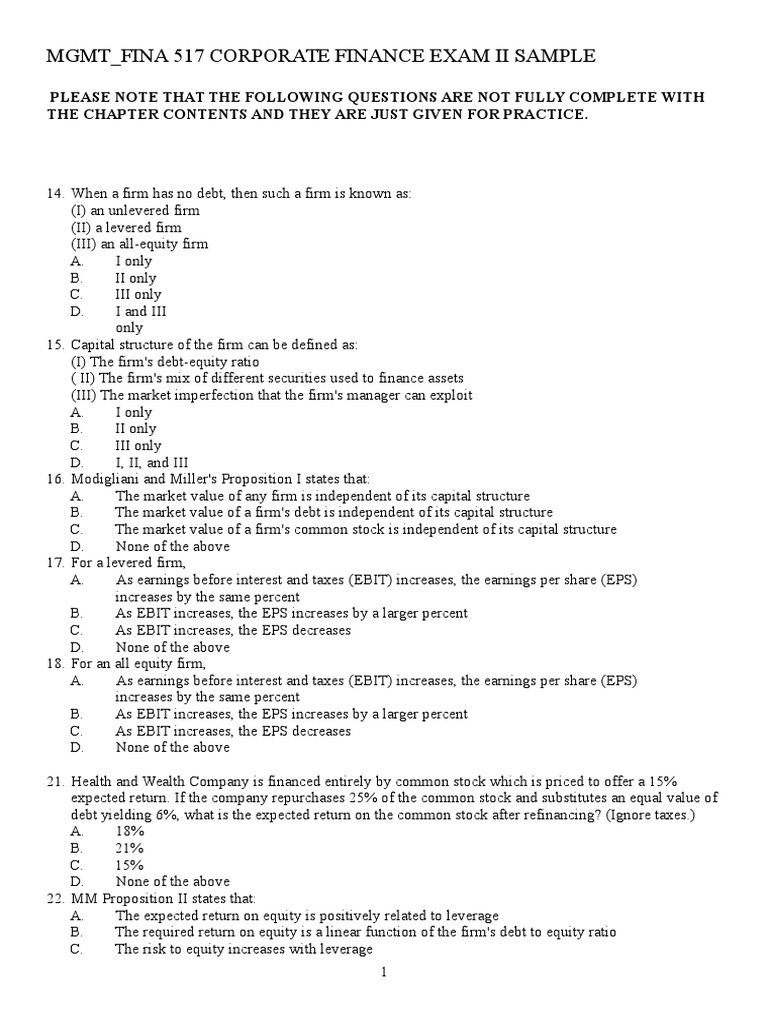 Corporate Finance Exam II Practice Questions | PDF | Capital Structure ...