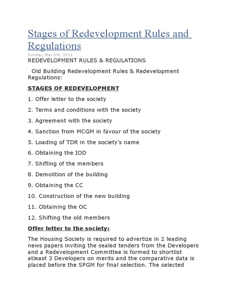 Stages of Redevelopment Rules and Regulations Door Plumbing