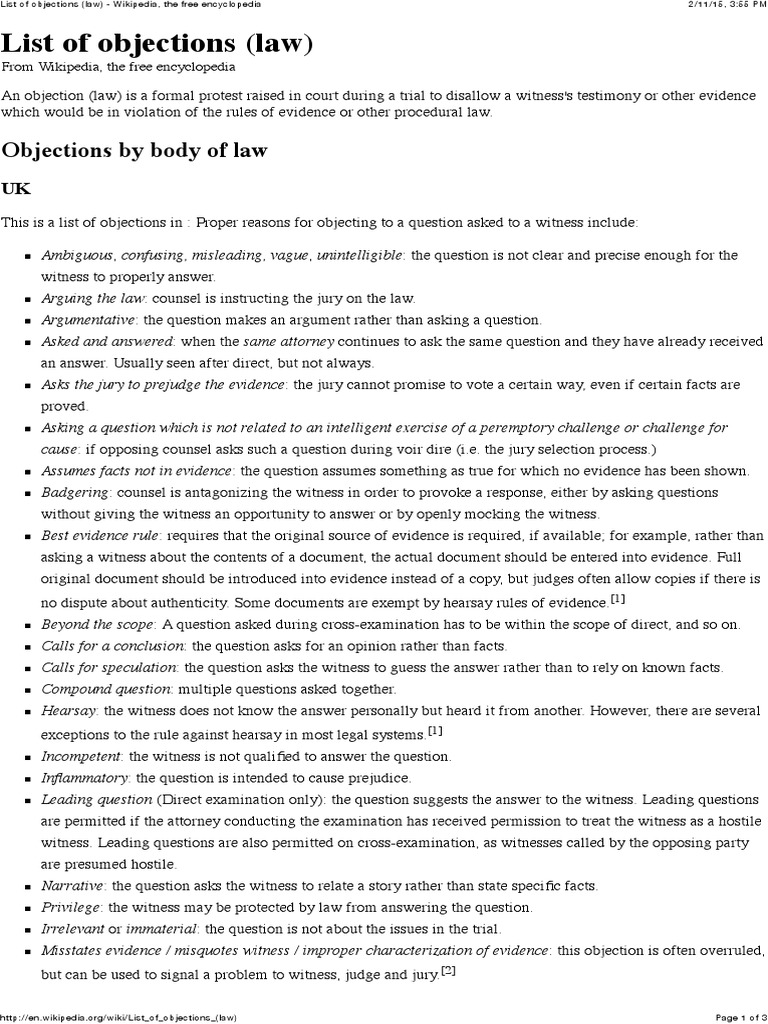 List of Objections (Law) Wikipedia, The Free Encyclopedia Evidence