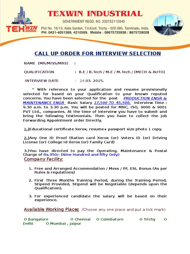 Call Up Order For Interview Selection: Company Facility | PDF | Business
