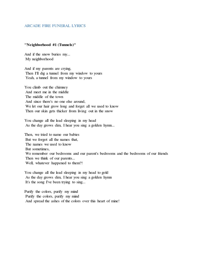 Arcade Fire Funeral Lyrics PDF Nature