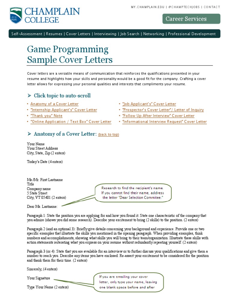 Game Programmer Cover Letter Example