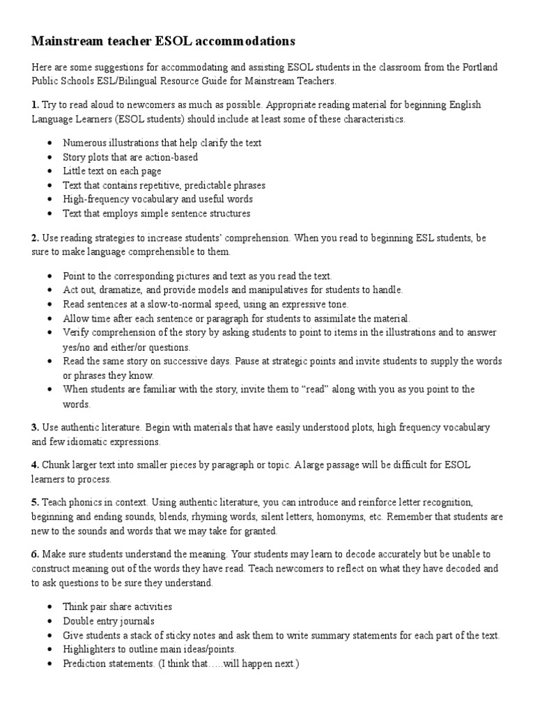 mainstream teacher esol English As A Second Or Foreign