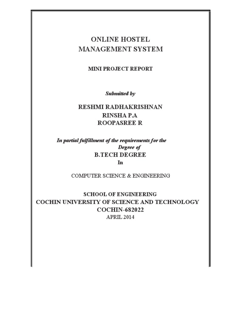 Online Hostel Management System Report | PDF | Unit Testing | Databases