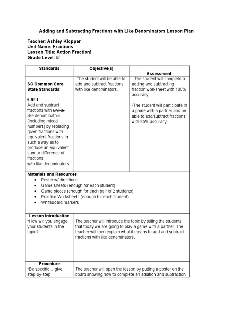 Adding Fractions Lesson Plan for 5th Grade | PDF | Teaching Methods ...
