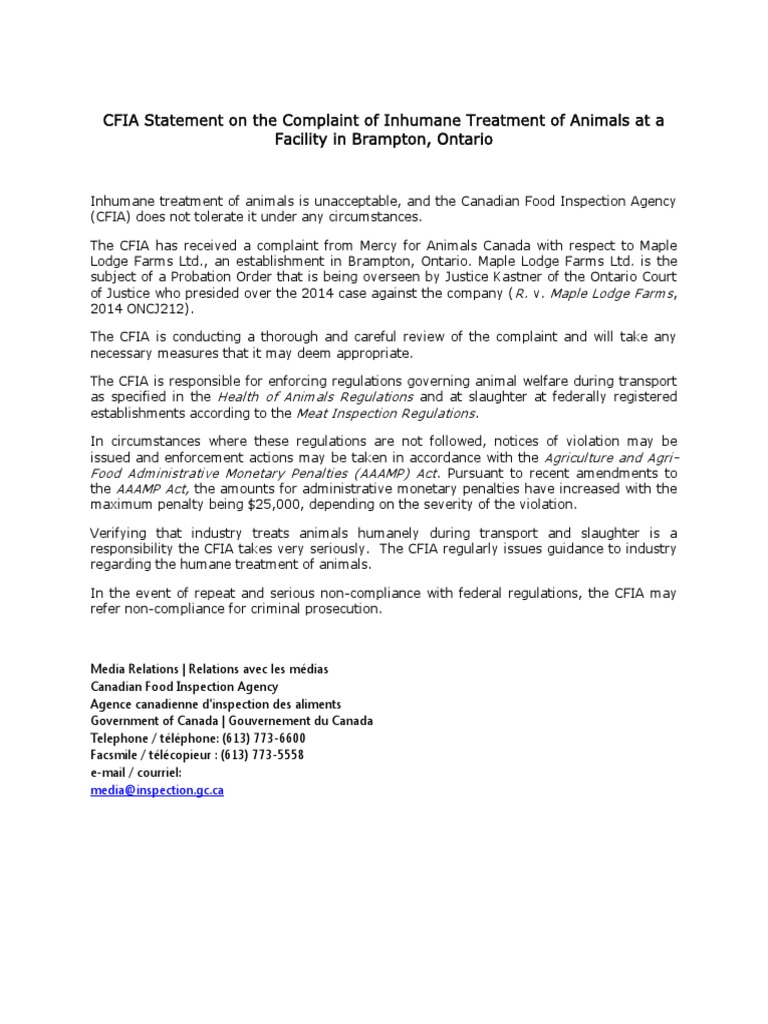 CFIA Responds to Animal Welfare Complaint | PDF | Law