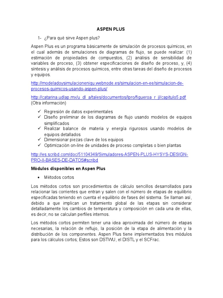 Funciones y usos de Aspen Plus | PDF | Destilación | Líquidos