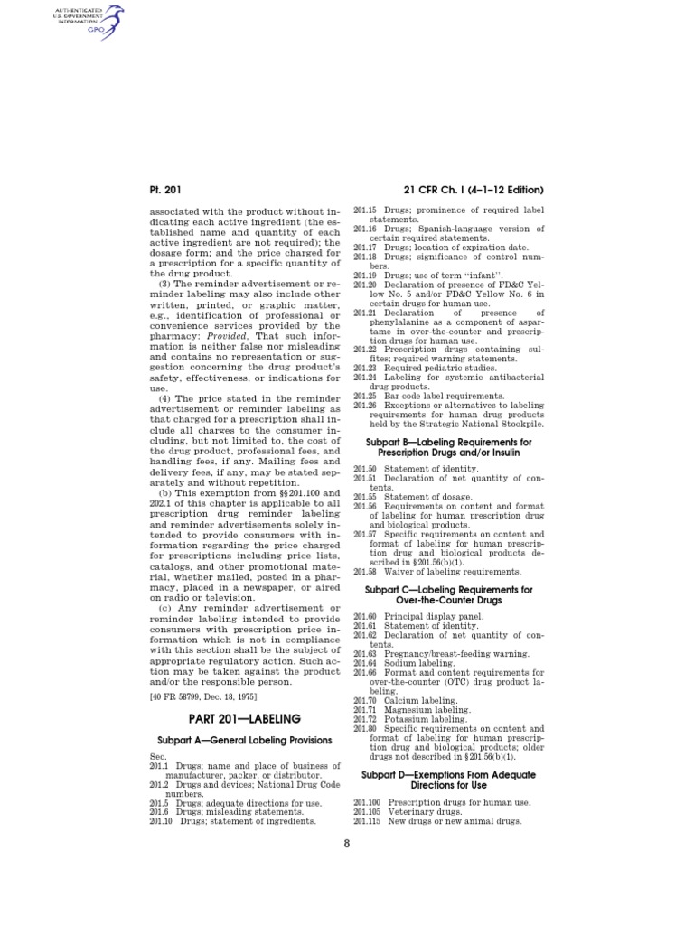 21 CFR 201 Labeling Over The Counter Drug Phenylalanine