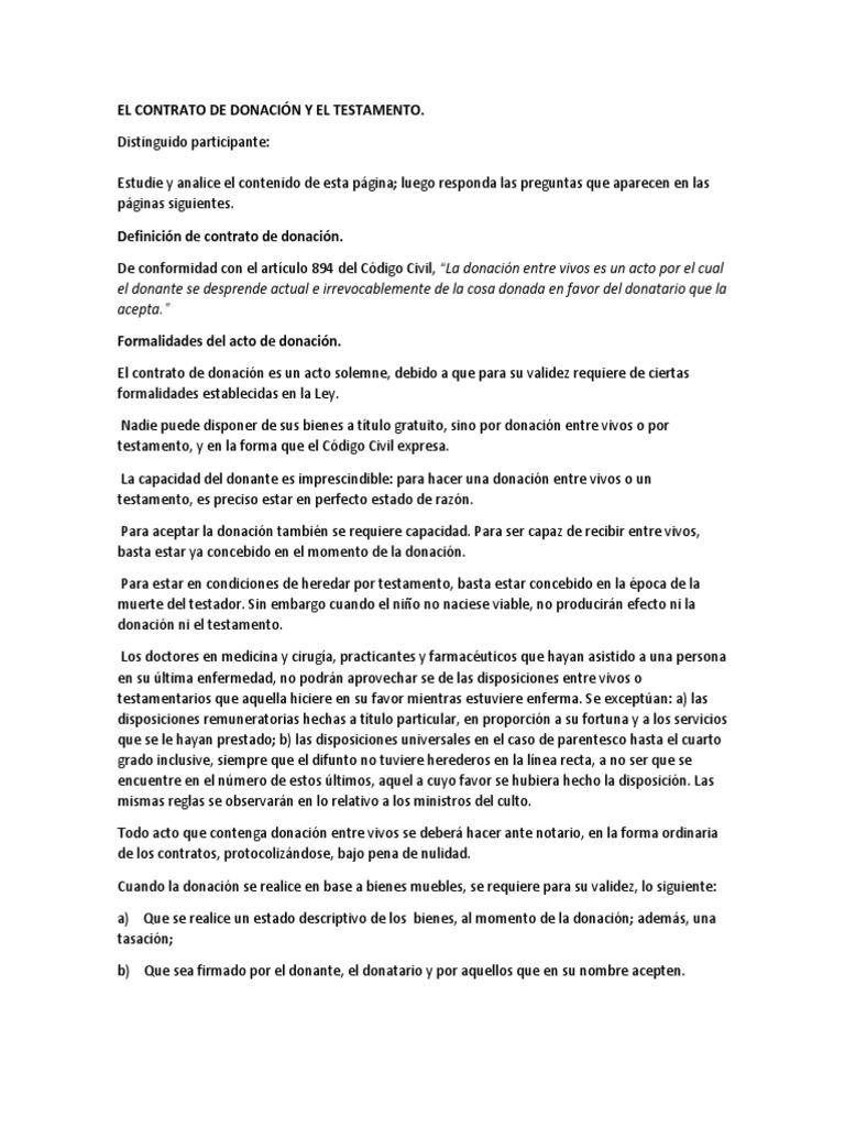 El Contrato de Donación y El Testamento Voluntad y