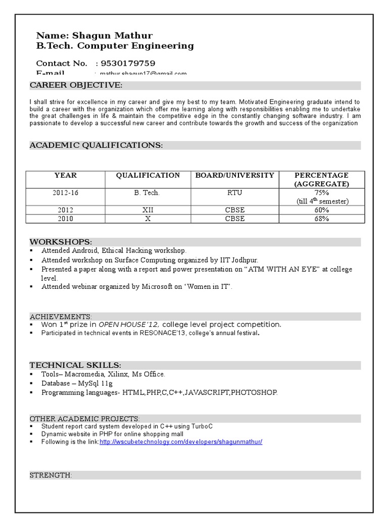 Name: Shagun Mathur B.Tech. Computer Engineering: Contact No ...
