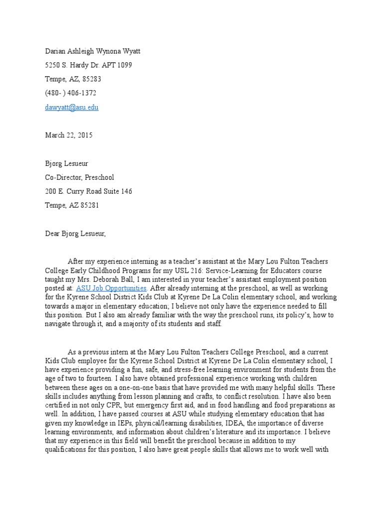 Cover Letter For Preschool PDF Preschool Internship
